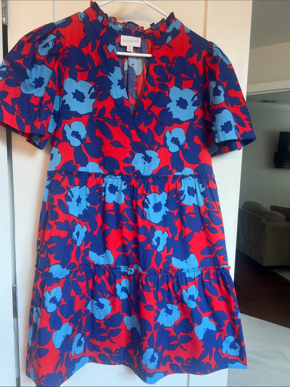 Sugarlips Red and Blue Floral Tiered Mini Dress